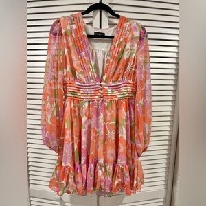 VICI Floral Mini Dress Puff Sleeve Pleated Waist Retro Elegant | Size Small